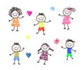 Various children are having fun on a white background. Children`s drawing. Vector